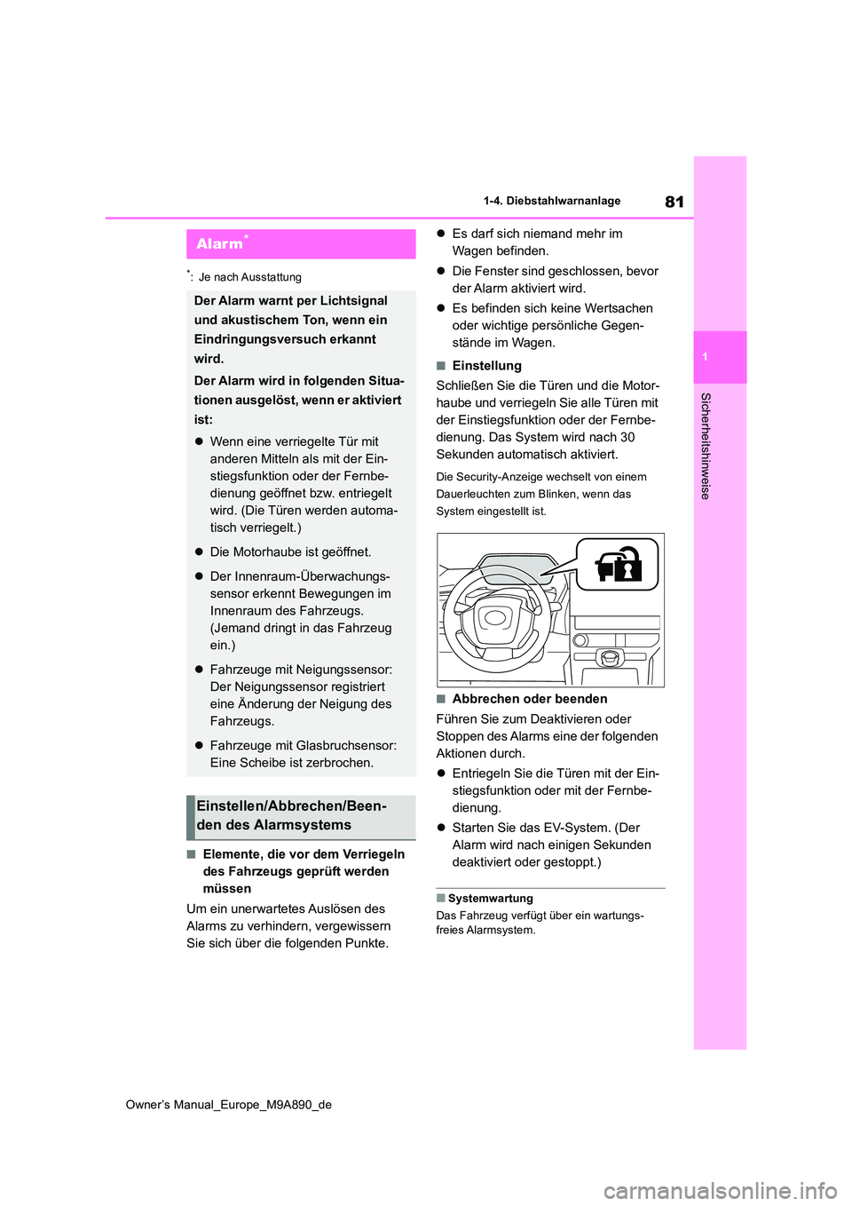 TOYOTA BZ4X 2023 Betriebsanleitungen (in German) 81
1
Owner’s Manual_Europe_M9A890_de
1-4. Diebstahlwarnanlage
Sicherheitshinweise
*: Je nach Ausstattung
■Elemente, die vor dem Verriegeln
des Fahrzeugs geprüft werden
müssen
Um ein unerwart TOYOTA BZ4X 2023 Betriebsanleitungen (in German) 81
1
Owner’s Manual_Europe_M9A890_de
1-4. Diebstahlwarnanlage
Sicherheitshinweise
*: Je nach Ausstattung
■Elemente, die vor dem Verriegeln
des Fahrzeugs geprüft werden
müssen
Um ein unerwart