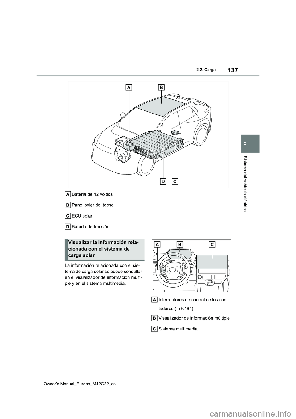 TOYOTA BZ4X 2023 Manual del propietario (in Spanish) 137
2
Owner’s Manual_Europe_M42G22_es
2-2. Carga
Sistema del vehículo eléctrico
Batería de 12 voltios
Panel solar del techo
ECU solar
Batería de tracción
La información relacionada con el si TOYOTA BZ4X 2023 Manual del propietario (in Spanish) 137
2
Owner’s Manual_Europe_M42G22_es
2-2. Carga
Sistema del vehículo eléctrico
Batería de 12 voltios
Panel solar del techo
ECU solar
Batería de tracción
La información relacionada con el si