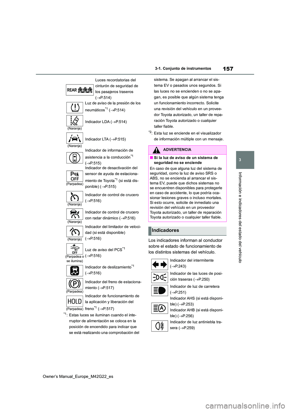 TOYOTA BZ4X 2023 Manual del propietario (in Spanish) 157
3
Owner’s Manual_Europe_M42G22_es
3-1. Conjunto de instrumentos
Información e indicadores del estado del vehículo
*1: Estas luces se iluminan cuando el inte-
rruptor de alimentación se coloc TOYOTA BZ4X 2023 Manual del propietario (in Spanish) 157
3
Owner’s Manual_Europe_M42G22_es
3-1. Conjunto de instrumentos
Información e indicadores del estado del vehículo
*1: Estas luces se iluminan cuando el inte-
rruptor de alimentación se coloc