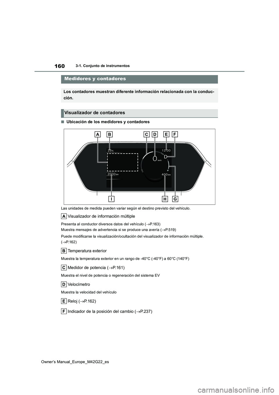 TOYOTA BZ4X 2023  Manual del propietario (in Spanish) 160
Owner’s Manual_Europe_M42G22_es
3-1. Conjunto de instrumentos
■Ubicación de los medidores y contadores
Las unidades de medida pueden variar según el destino previsto del vehículo.
Visualiza