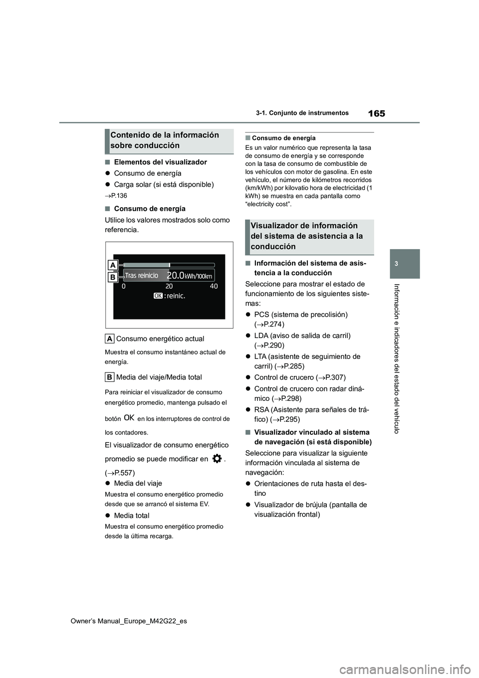 TOYOTA BZ4X 2023  Manual del propietario (in Spanish) 165
3
Owner’s Manual_Europe_M42G22_es
3-1. Conjunto de instrumentos
Información e indicadores del estado del vehículo
■Elementos del visualizador 
 Consumo de energía 
 Carga solar (si es