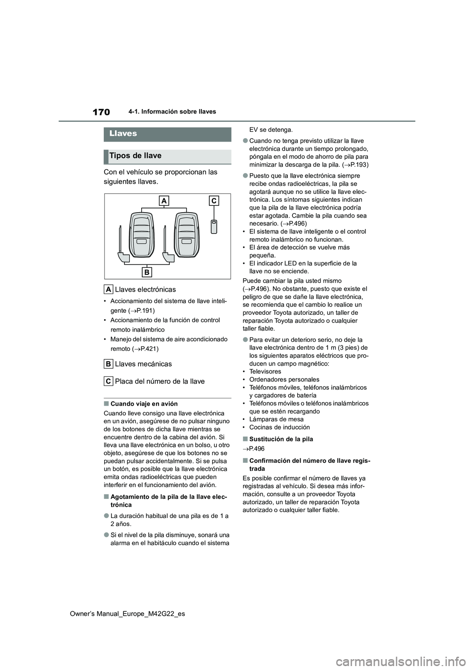 TOYOTA BZ4X 2023  Manual del propietario (in Spanish) 170
Owner’s Manual_Europe_M42G22_es
4-1. Información sobre llaves
4-1.In formación sobre llav es
Con el vehículo se proporcionan las  
siguientes llaves. 
Llaves electrónicas
• Accionamiento d