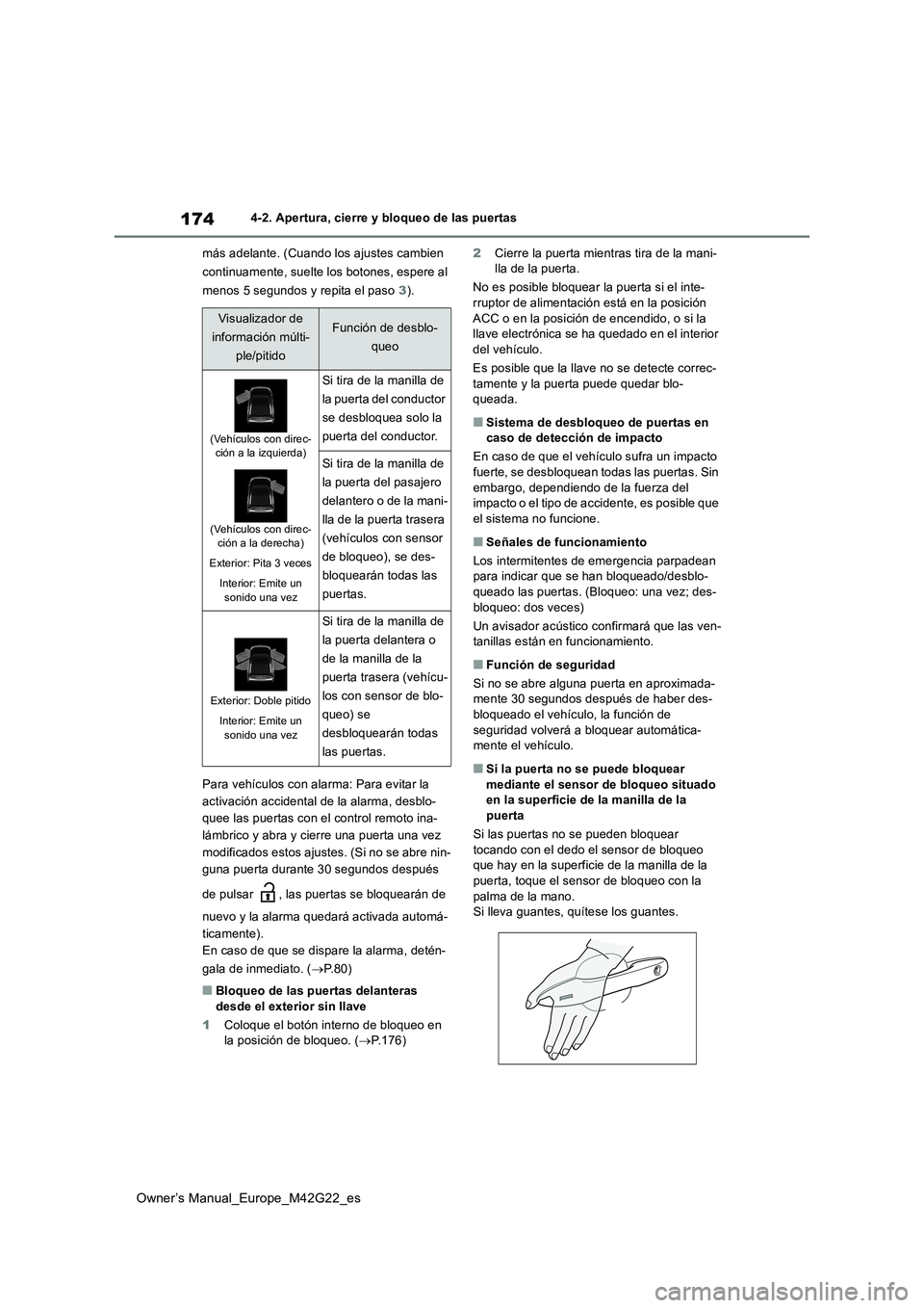 TOYOTA BZ4X 2023 Manual del propietario (in Spanish) 174
Owner’s Manual_Europe_M42G22_es
4-2. Apertura, cierre y bloqueo de las puertas
más adelante. (Cuando los ajustes cambien
continuamente, suelte los botones, espere al
menos 5 segundos y repi TOYOTA BZ4X 2023 Manual del propietario (in Spanish) 174
Owner’s Manual_Europe_M42G22_es
4-2. Apertura, cierre y bloqueo de las puertas
más adelante. (Cuando los ajustes cambien
continuamente, suelte los botones, espere al
menos 5 segundos y repi