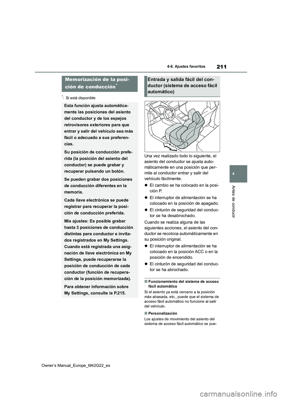 TOYOTA BZ4X 2023 Manual del propietario (in Spanish) 211
4
Owner’s Manual_Europe_M42G22_es
4-6. Ajustes favoritos
Antes de conducir
4-6.Aju ste s fav oritos
*: Si está disponible
Una vez realizado todo lo siguiente, el
asiento del conductor se ajus TOYOTA BZ4X 2023 Manual del propietario (in Spanish) 211
4
Owner’s Manual_Europe_M42G22_es
4-6. Ajustes favoritos
Antes de conducir
4-6.Aju ste s fav oritos
*: Si está disponible
Una vez realizado todo lo siguiente, el
asiento del conductor se ajus