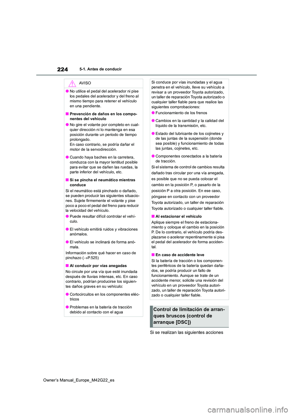 TOYOTA BZ4X 2023 Manual del propietario (in Spanish) 224
Owner’s Manual_Europe_M42G22_es
5-1. Antes de conducir
Si se realizan las siguientes acciones
AV I S O
●No utilice el pedal del acelerador ni pise
los pedales del acelerador y del freno al TOYOTA BZ4X 2023 Manual del propietario (in Spanish) 224
Owner’s Manual_Europe_M42G22_es
5-1. Antes de conducir
Si se realizan las siguientes acciones
AV I S O
●No utilice el pedal del acelerador ni pise
los pedales del acelerador y del freno al