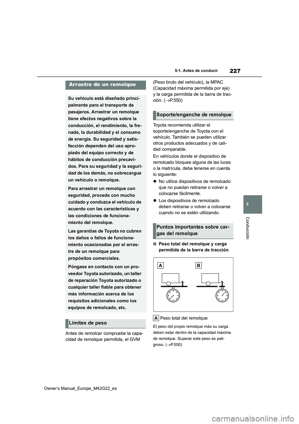 TOYOTA BZ4X 2023 Manual del propietario (in Spanish) 227
5
Owner’s Manual_Europe_M42G22_es
5-1. Antes de conducir
Conducción
Antes de remolcar compruebe la capa-
cidad de remolque permitida, el GVM
(Peso bruto del vehículo), la MPAC
(Capacidad TOYOTA BZ4X 2023 Manual del propietario (in Spanish) 227
5
Owner’s Manual_Europe_M42G22_es
5-1. Antes de conducir
Conducción
Antes de remolcar compruebe la capa-
cidad de remolque permitida, el GVM
(Peso bruto del vehículo), la MPAC
(Capacidad