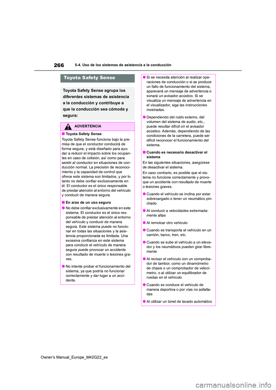 TOYOTA BZ4X 2023 Manual del propietario (in Spanish) 266
Owner’s Manual_Europe_M42G22_es
5-4. Uso de los sistemas de asistencia a la conducción
Toyota Safety Sense
Toyota Safety Sense agrupa los
diferentes sistemas de asistencia
a la conducción TOYOTA BZ4X 2023 Manual del propietario (in Spanish) 266
Owner’s Manual_Europe_M42G22_es
5-4. Uso de los sistemas de asistencia a la conducción
Toyota Safety Sense
Toyota Safety Sense agrupa los
diferentes sistemas de asistencia
a la conducción