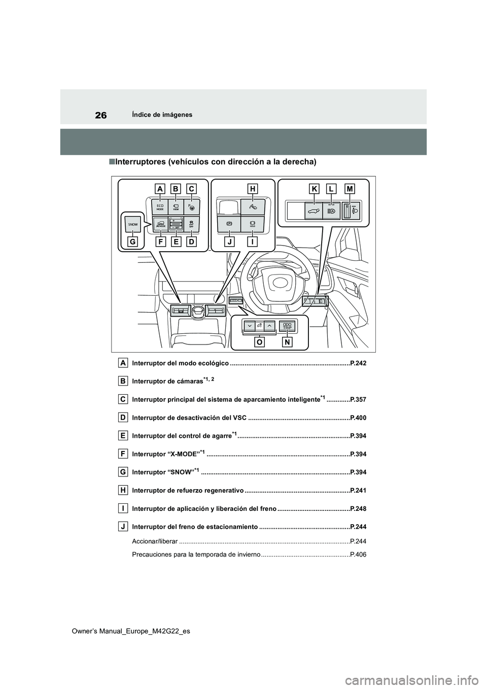 TOYOTA BZ4X 2023 Manual del propietario (in Spanish) 26
Owner’s Manual_Europe_M42G22_es
Índice de imágenes
■Interruptores (vehículos con dirección a la derecha)
Interruptor del modo ecológico .................................................... TOYOTA BZ4X 2023 Manual del propietario (in Spanish) 26
Owner’s Manual_Europe_M42G22_es
Índice de imágenes
■Interruptores (vehículos con dirección a la derecha)
Interruptor del modo ecológico ....................................................