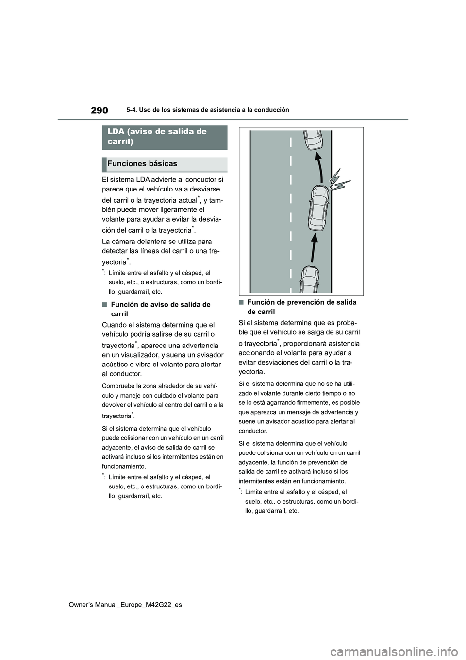 TOYOTA BZ4X 2023  Manual del propietario (in Spanish) 290
Owner’s Manual_Europe_M42G22_es
5-4. Uso de los sistemas de asistencia a la conducción
El sistema LDA advierte al conductor si  
parece que el vehículo va a desviarse  
del carril o la trayect