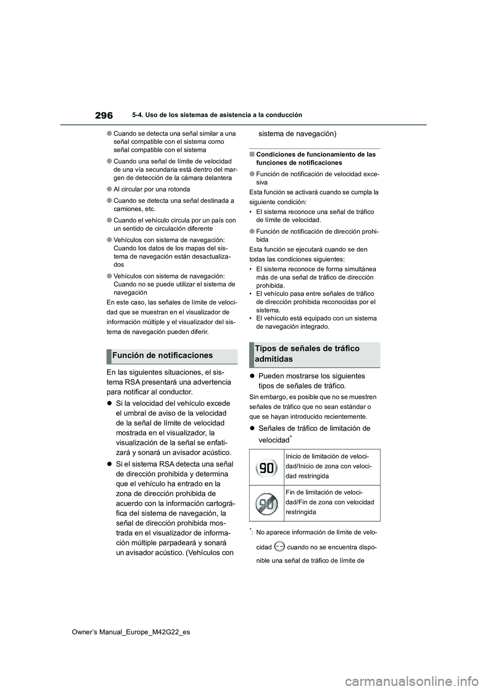 TOYOTA BZ4X 2023  Manual del propietario (in Spanish) 296
Owner’s Manual_Europe_M42G22_es
5-4. Uso de los sistemas de asistencia a la conducción
●Cuando se detecta una señal similar a una  señal compatible con el sistema como señal compatible con