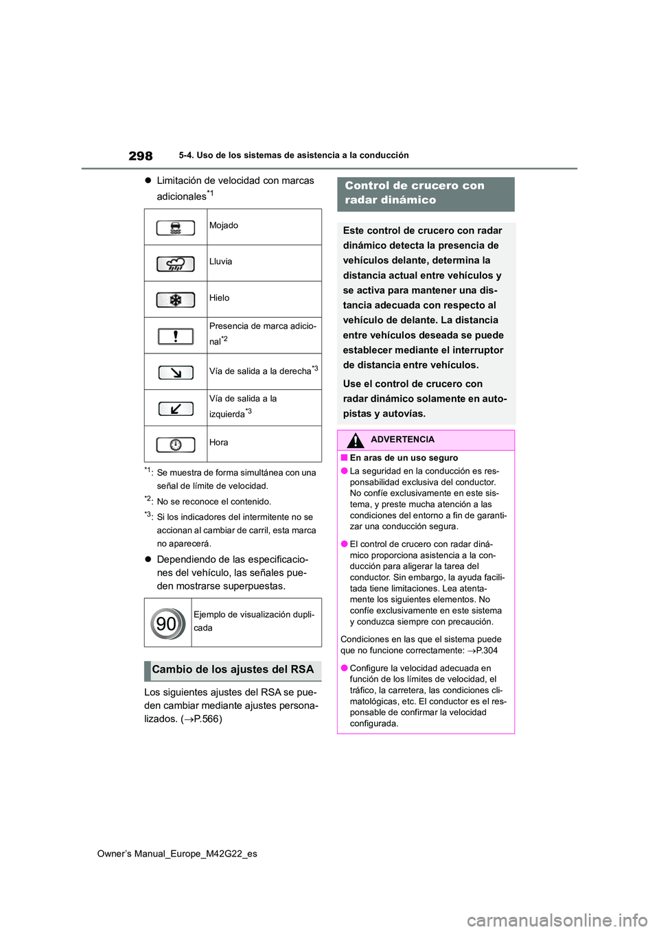 TOYOTA BZ4X 2023  Manual del propietario (in Spanish) 298
Owner’s Manual_Europe_M42G22_es
5-4. Uso de los sistemas de asistencia a la conducción
Limitación de velocidad con marcas  
adicionales*1
*1: Se muestra de forma simultánea con una  
seña