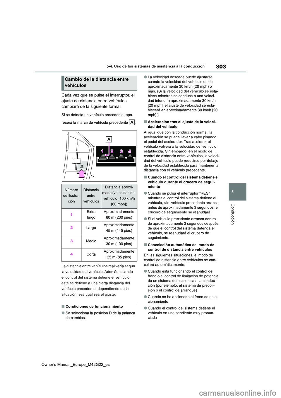 TOYOTA BZ4X 2023 Manual del propietario (in Spanish) 303
5
Owner’s Manual_Europe_M42G22_es
5-4. Uso de los sistemas de asistencia a la conducción
Conducción
Cada vez que se pulse el interruptor, el
ajuste de distancia entre vehículos
cambiará d TOYOTA BZ4X 2023 Manual del propietario (in Spanish) 303
5
Owner’s Manual_Europe_M42G22_es
5-4. Uso de los sistemas de asistencia a la conducción
Conducción
Cada vez que se pulse el interruptor, el
ajuste de distancia entre vehículos
cambiará d