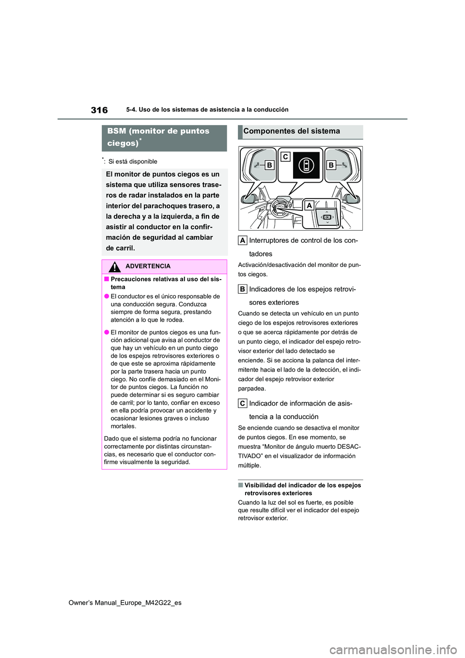 TOYOTA BZ4X 2023 Manual del propietario (in Spanish) 316
Owner’s Manual_Europe_M42G22_es
5-4. Uso de los sistemas de asistencia a la conducción
*: Si está disponible
Interruptores de control de los con-
tadores
Activación/desactivación del monito TOYOTA BZ4X 2023 Manual del propietario (in Spanish) 316
Owner’s Manual_Europe_M42G22_es
5-4. Uso de los sistemas de asistencia a la conducción
*: Si está disponible
Interruptores de control de los con-
tadores
Activación/desactivación del monito