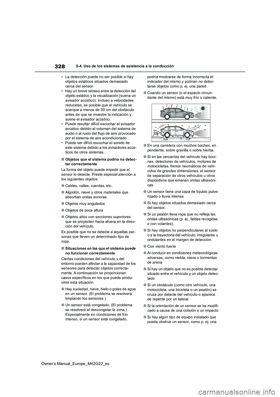 TOYOTA BZ4X 2023 Manual del propietario (in Spanish) 328
Owner’s Manual_Europe_M42G22_es
5-4. Uso de los sistemas de asistencia a la conducción
• La detección puede no ser posible si hay objetos estáticos situados demasiado cerca del sensor.
TOYOTA BZ4X 2023 Manual del propietario (in Spanish) 328
Owner’s Manual_Europe_M42G22_es
5-4. Uso de los sistemas de asistencia a la conducción
• La detección puede no ser posible si hay objetos estáticos situados demasiado cerca del sensor.