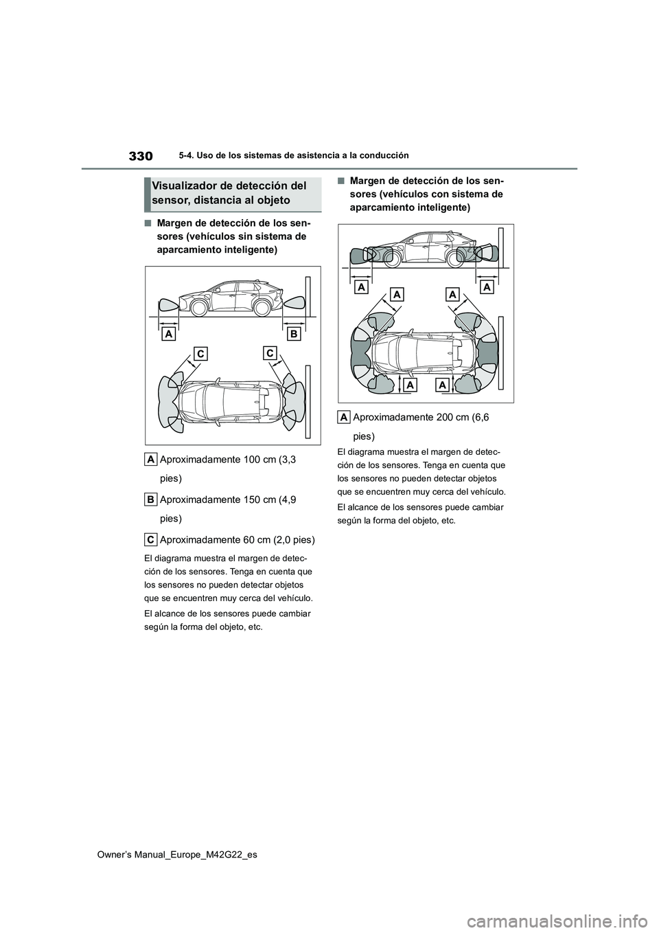 TOYOTA BZ4X 2023 Manual del propietario (in Spanish) 330
Owner’s Manual_Europe_M42G22_es
5-4. Uso de los sistemas de asistencia a la conducción
■Margen de detección de los sen-
sores (vehículos sin sistema de
aparcamiento inteligente)
Aproxima TOYOTA BZ4X 2023 Manual del propietario (in Spanish) 330
Owner’s Manual_Europe_M42G22_es
5-4. Uso de los sistemas de asistencia a la conducción
■Margen de detección de los sen-
sores (vehículos sin sistema de
aparcamiento inteligente)
Aproxima