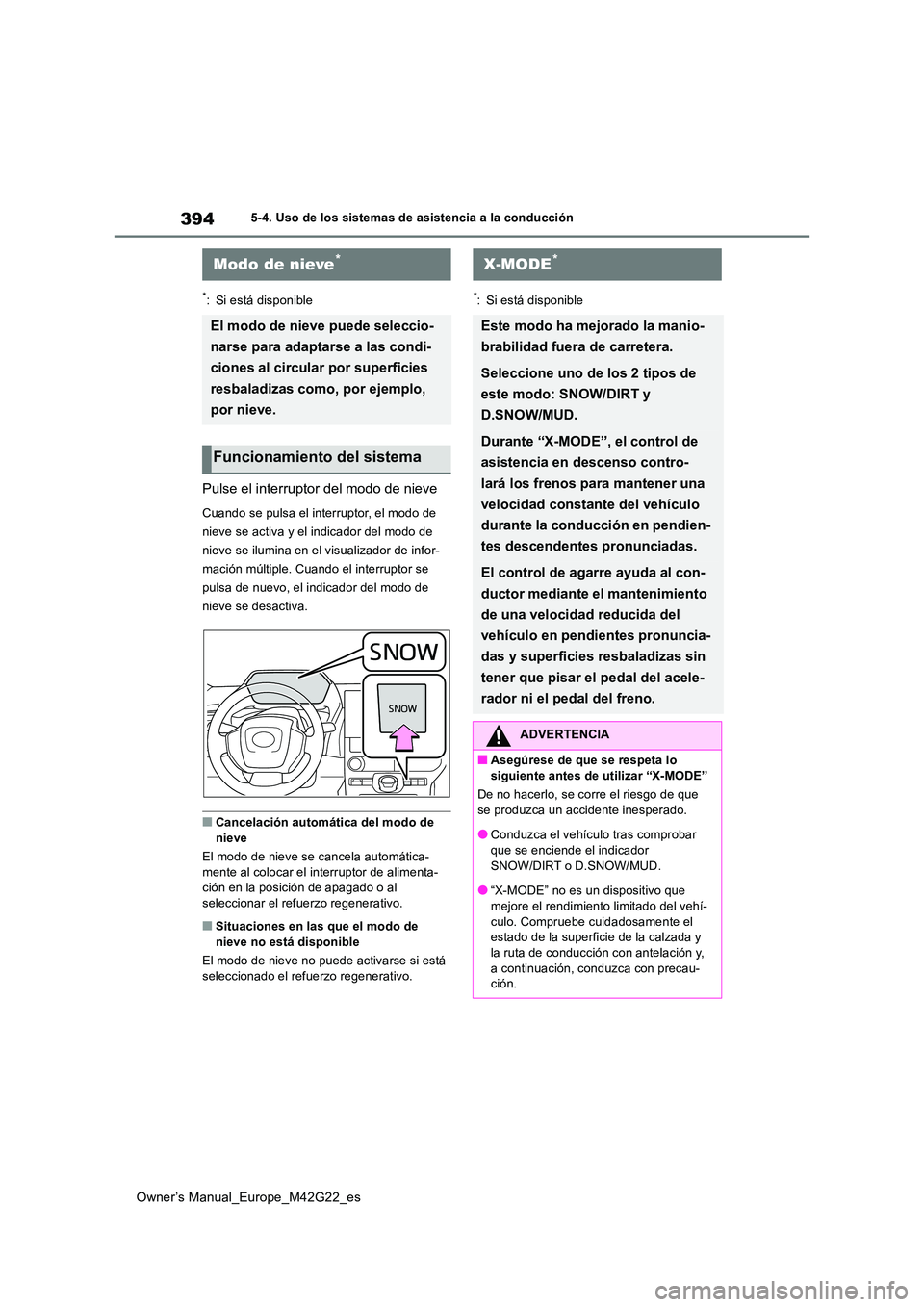 TOYOTA BZ4X 2023 Manual del propietario (in Spanish) 394
Owner’s Manual_Europe_M42G22_es
5-4. Uso de los sistemas de asistencia a la conducción
*: Si está disponible
Pulse el interruptor del modo de nieve
Cuando se pulsa el interruptor, el modo de TOYOTA BZ4X 2023 Manual del propietario (in Spanish) 394
Owner’s Manual_Europe_M42G22_es
5-4. Uso de los sistemas de asistencia a la conducción
*: Si está disponible
Pulse el interruptor del modo de nieve
Cuando se pulsa el interruptor, el modo de
