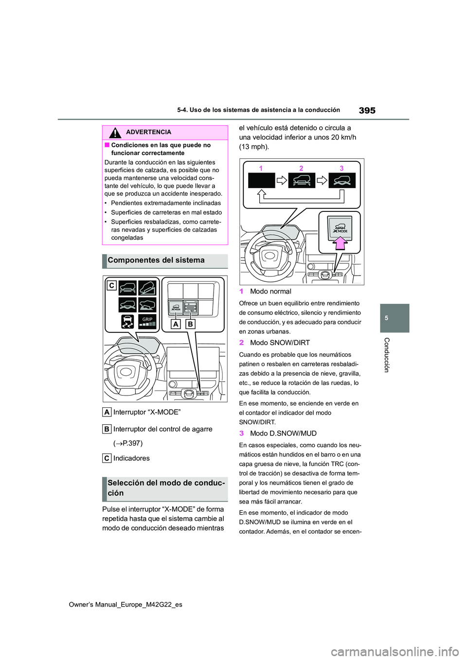 TOYOTA BZ4X 2023 Manual del propietario (in Spanish) 395
5
Owner’s Manual_Europe_M42G22_es
5-4. Uso de los sistemas de asistencia a la conducción
Conducción
Interruptor “X-MODE”
Interruptor del control de agarre
( P.397)
Indicadores
Puls TOYOTA BZ4X 2023 Manual del propietario (in Spanish) 395
5
Owner’s Manual_Europe_M42G22_es
5-4. Uso de los sistemas de asistencia a la conducción
Conducción
Interruptor “X-MODE”
Interruptor del control de agarre
( P.397)
Indicadores
Puls