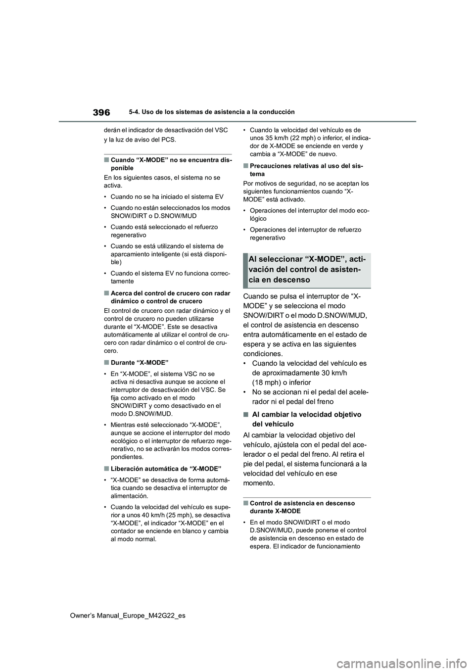TOYOTA BZ4X 2023 Manual del propietario (in Spanish) 396
Owner’s Manual_Europe_M42G22_es
5-4. Uso de los sistemas de asistencia a la conducción
derán el indicador de desactivación del VSC
y la luz de aviso del PCS.
■Cuando “X-MODE” no se e TOYOTA BZ4X 2023 Manual del propietario (in Spanish) 396
Owner’s Manual_Europe_M42G22_es
5-4. Uso de los sistemas de asistencia a la conducción
derán el indicador de desactivación del VSC
y la luz de aviso del PCS.
■Cuando “X-MODE” no se e