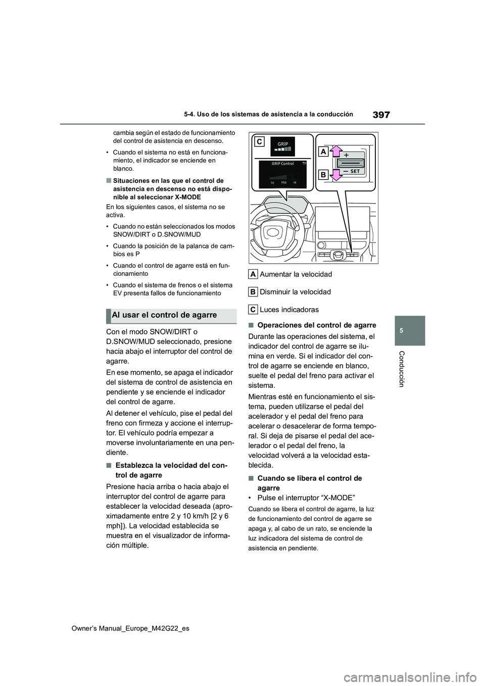 TOYOTA BZ4X 2023 Manual del propietario (in Spanish) 397
5
Owner’s Manual_Europe_M42G22_es
5-4. Uso de los sistemas de asistencia a la conducción
Conducción
cambia según el estado de funcionamiento del control de asistencia en descenso.
• Cuand TOYOTA BZ4X 2023 Manual del propietario (in Spanish) 397
5
Owner’s Manual_Europe_M42G22_es
5-4. Uso de los sistemas de asistencia a la conducción
Conducción
cambia según el estado de funcionamiento del control de asistencia en descenso.
• Cuand