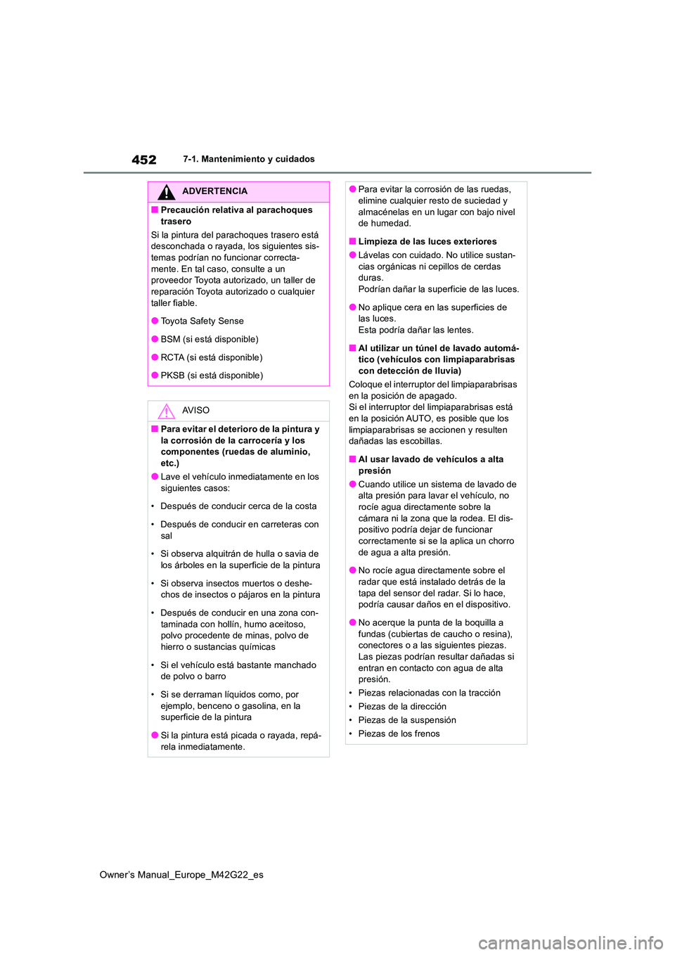 TOYOTA BZ4X 2023  Manual del propietario (in Spanish) 452
Owner’s Manual_Europe_M42G22_es
7-1. Mantenimiento y cuidados
ADVERTENCIA
■Precaución relativa al parachoques  
trasero 
Si la pintura del parachoques trasero está  desconchada o rayada, los