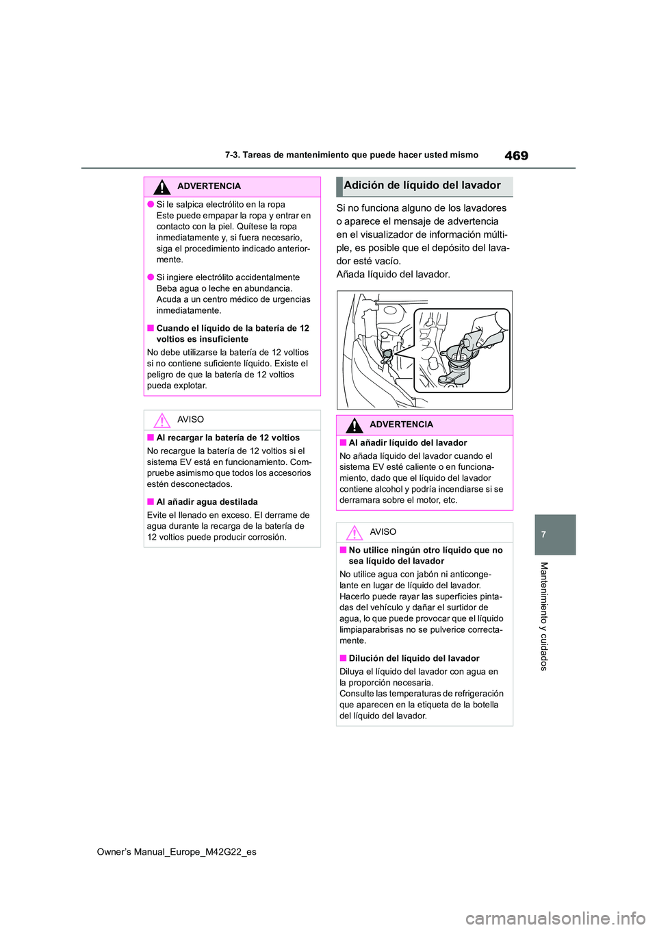 TOYOTA BZ4X 2023 Manual del propietario (in Spanish) 469
7
Owner’s Manual_Europe_M42G22_es
7-3. Tareas de mantenimiento que puede hacer usted mismo
Mantenimiento y cuidados
Si no funciona alguno de los lavadores
o aparece el mensaje de advertencia
TOYOTA BZ4X 2023 Manual del propietario (in Spanish) 469
7
Owner’s Manual_Europe_M42G22_es
7-3. Tareas de mantenimiento que puede hacer usted mismo
Mantenimiento y cuidados
Si no funciona alguno de los lavadores
o aparece el mensaje de advertencia
