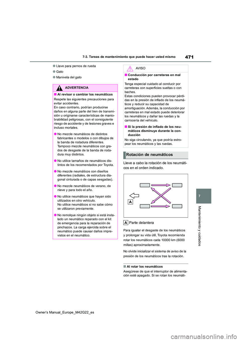 TOYOTA BZ4X 2023 Manual del propietario (in Spanish) 471
7
Owner’s Manual_Europe_M42G22_es
7-3. Tareas de mantenimiento que puede hacer usted mismo
Mantenimiento y cuidados
●Llave para pernos de rueda
●Gato
●Manivela del gato
Lleve a cabo la rot TOYOTA BZ4X 2023 Manual del propietario (in Spanish) 471
7
Owner’s Manual_Europe_M42G22_es
7-3. Tareas de mantenimiento que puede hacer usted mismo
Mantenimiento y cuidados
●Llave para pernos de rueda
●Gato
●Manivela del gato
Lleve a cabo la rot