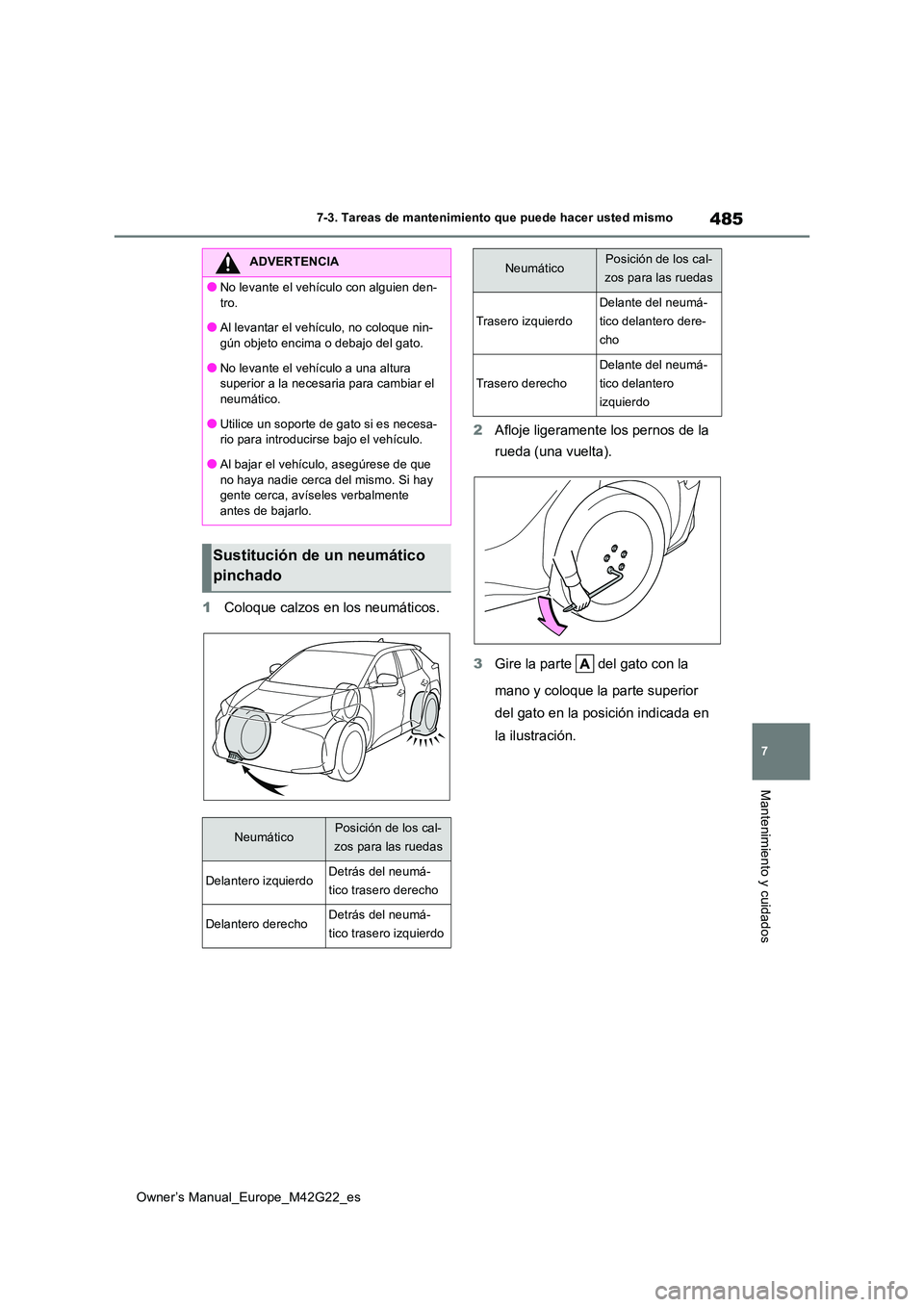 TOYOTA BZ4X 2023 Manual del propietario (in Spanish) 485
7
Owner’s Manual_Europe_M42G22_es
7-3. Tareas de mantenimiento que puede hacer usted mismo
Mantenimiento y cuidados
1Coloque calzos en los neumáticos.
2 Afloje ligeramente los pernos de la
r TOYOTA BZ4X 2023 Manual del propietario (in Spanish) 485
7
Owner’s Manual_Europe_M42G22_es
7-3. Tareas de mantenimiento que puede hacer usted mismo
Mantenimiento y cuidados
1Coloque calzos en los neumáticos.
2 Afloje ligeramente los pernos de la
r
