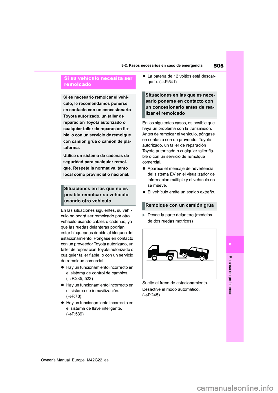 TOYOTA BZ4X 2023 Manual del propietario (in Spanish) 505
8
Owner’s Manual_Europe_M42G22_es
8-2. Pasos necesarios en caso de emergencia
En caso de problemas
8-2.Paso s neces arios en c aso de emergenc ia
En las situaciones siguientes, su vehí-
culo TOYOTA BZ4X 2023 Manual del propietario (in Spanish) 505
8
Owner’s Manual_Europe_M42G22_es
8-2. Pasos necesarios en caso de emergencia
En caso de problemas
8-2.Paso s neces arios en c aso de emergenc ia
En las situaciones siguientes, su vehí-
culo