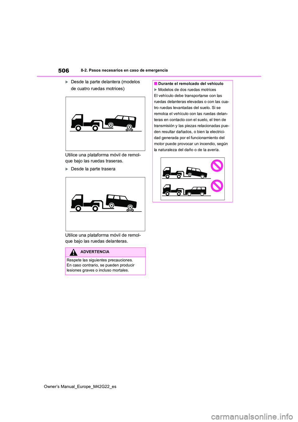 TOYOTA BZ4X 2023 Manual del propietario (in Spanish) 506
Owner’s Manual_Europe_M42G22_es
8-2. Pasos necesarios en caso de emergencia
Desde la parte delantera (modelos
de cuatro ruedas motrices)
Utilice una plataforma móvil de remol-
que bajo l TOYOTA BZ4X 2023 Manual del propietario (in Spanish) 506
Owner’s Manual_Europe_M42G22_es
8-2. Pasos necesarios en caso de emergencia
Desde la parte delantera (modelos
de cuatro ruedas motrices)
Utilice una plataforma móvil de remol-
que bajo l