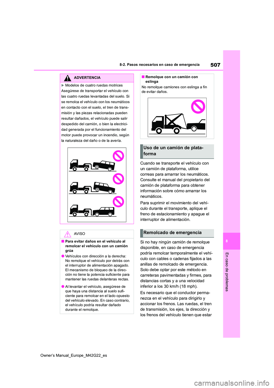 TOYOTA BZ4X 2023 Manual del propietario (in Spanish) 507
8
Owner’s Manual_Europe_M42G22_es
8-2. Pasos necesarios en caso de emergencia
En caso de problemas
Cuando se transporte el vehículo con
un camión de plataforma, utilice
correas para amarrar TOYOTA BZ4X 2023 Manual del propietario (in Spanish) 507
8
Owner’s Manual_Europe_M42G22_es
8-2. Pasos necesarios en caso de emergencia
En caso de problemas
Cuando se transporte el vehículo con
un camión de plataforma, utilice
correas para amarrar