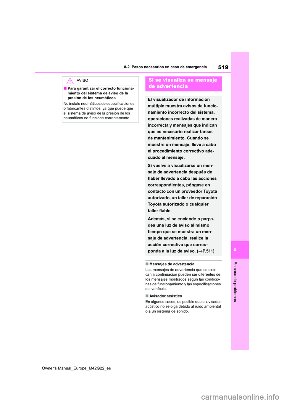TOYOTA BZ4X 2023  Manual del propietario (in Spanish) 519
8
Owner’s Manual_Europe_M42G22_es
8-2. Pasos necesarios en caso de emergencia
En caso de problemas■Mensajes de advertencia 
Los mensajes de advertencia que se expli- can a continuación pueden