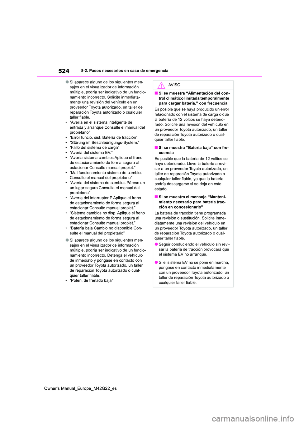 TOYOTA BZ4X 2023  Manual del propietario (in Spanish) 524
Owner’s Manual_Europe_M42G22_es
8-2. Pasos necesarios en caso de emergencia
●Si aparece alguno de los siguientes men- sajes en el visualizador de información múltiple, podría ser indicativo
