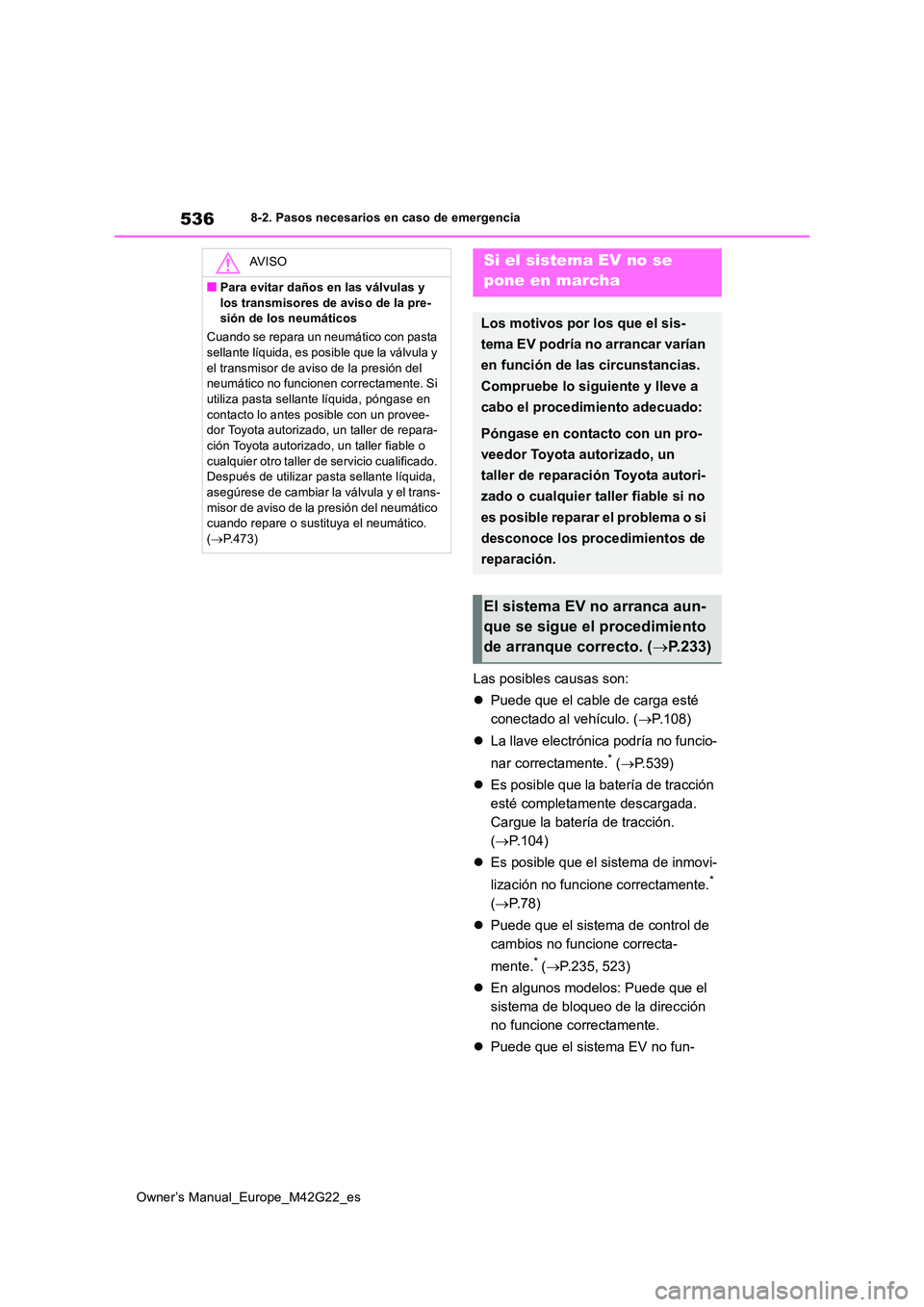TOYOTA BZ4X 2023 Manual del propietario (in Spanish) 536
Owner’s Manual_Europe_M42G22_es
8-2. Pasos necesarios en caso de emergencia
Las posibles causas son:
Puede que el cable de carga esté
conectado al vehículo. ( P.108)
La llave el TOYOTA BZ4X 2023 Manual del propietario (in Spanish) 536
Owner’s Manual_Europe_M42G22_es
8-2. Pasos necesarios en caso de emergencia
Las posibles causas son:
Puede que el cable de carga esté
conectado al vehículo. ( P.108)
La llave el