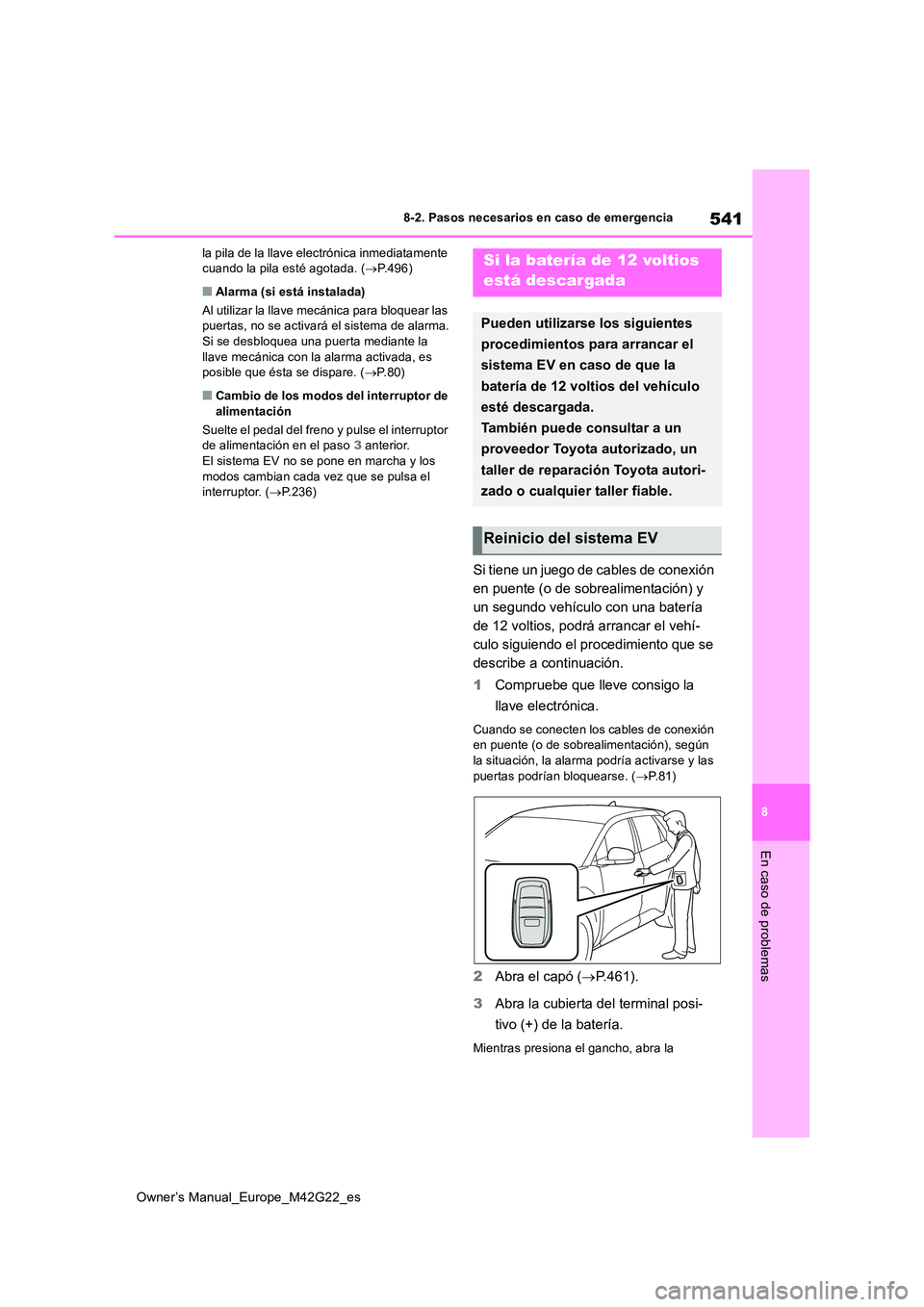 TOYOTA BZ4X 2023  Manual del propietario (in Spanish) 541
8
Owner’s Manual_Europe_M42G22_es
8-2. Pasos necesarios en caso de emergencia
En caso de problemas
la pila de la llave electrónica inmediatamente  cuando la pila esté agotada. ( P.496)
■A