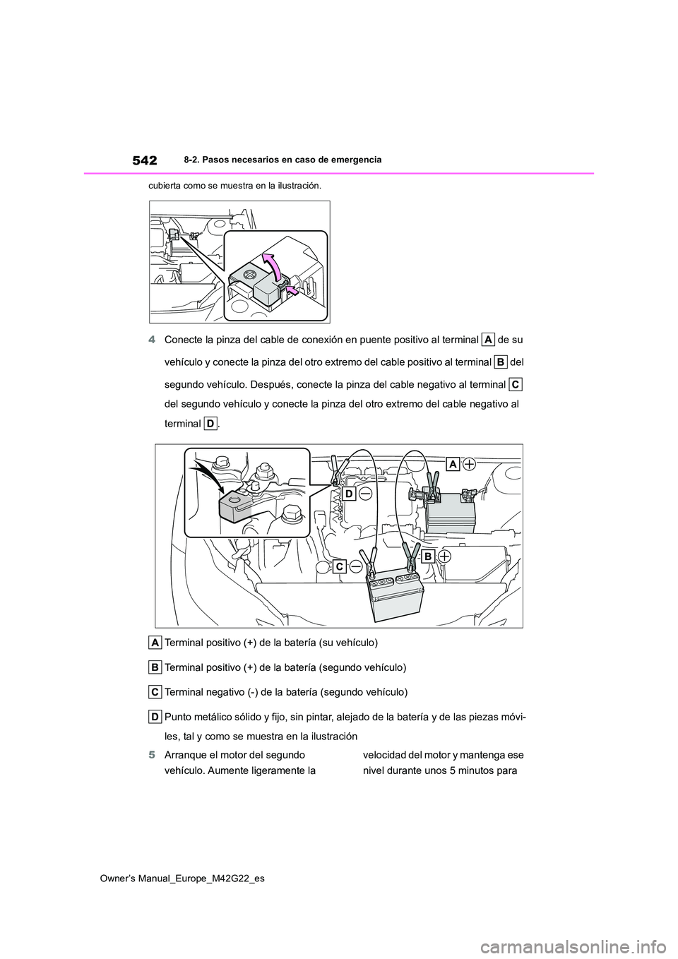 TOYOTA BZ4X 2023  Manual del propietario (in Spanish) 542
Owner’s Manual_Europe_M42G22_es
8-2. Pasos necesarios en caso de emergencia 
cubierta como se muestra en la ilustración.
4 Conecte la pinza del cable de conexión en puente positivo al terminal