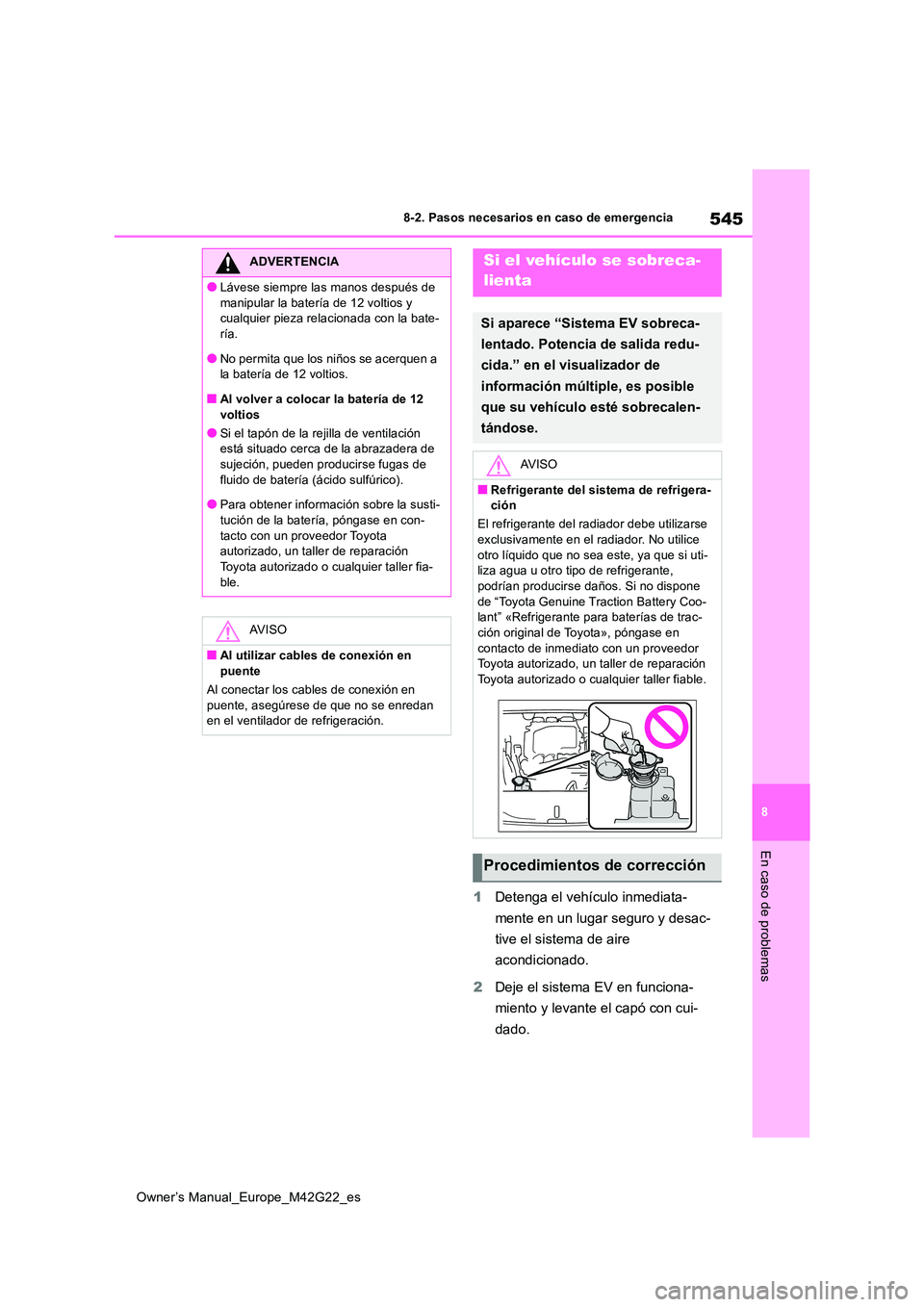 TOYOTA BZ4X 2023  Manual del propietario (in Spanish) 545
8
Owner’s Manual_Europe_M42G22_es
8-2. Pasos necesarios en caso de emergencia
En caso de problemas
1Detenga el vehículo inmediata- 
mente en un lugar seguro y desac- 
tive el sistema de aire  
