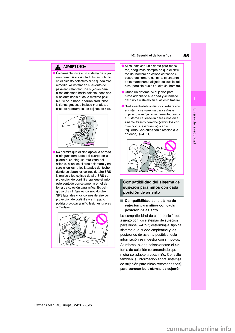 TOYOTA BZ4X 2023  Manual del propietario (in Spanish) 55
1
Owner’s Manual_Europe_M42G22_es
1-2. Seguridad de los niños
En aras de la seguridad
■Compatibilidad del sistema de  
sujeción para niños con cada 
posición de asiento 
La compatibilidad d