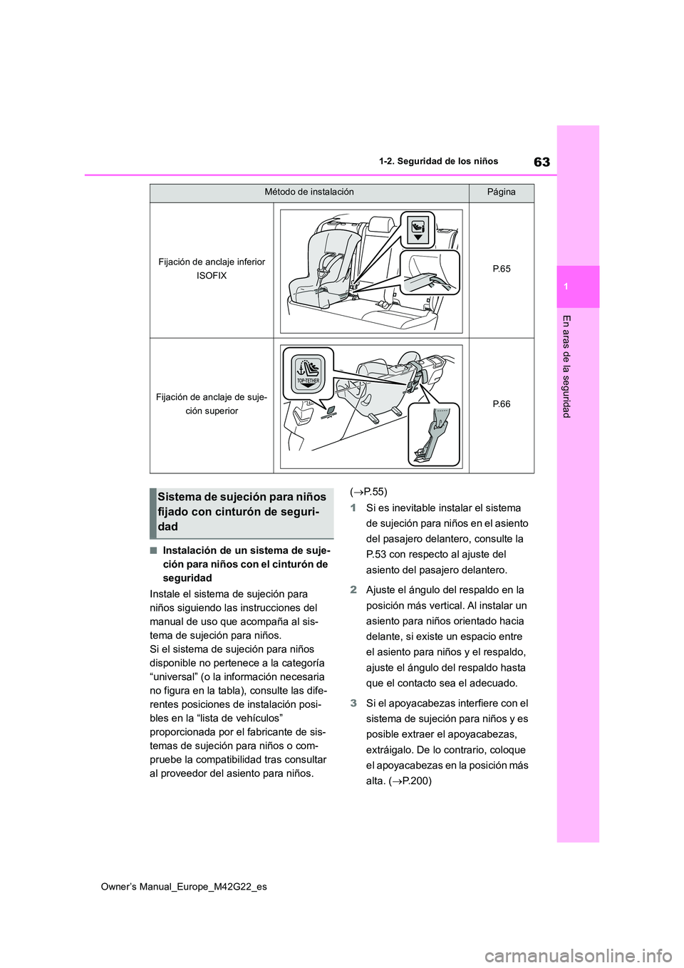 TOYOTA BZ4X 2023  Manual del propietario (in Spanish) 63
1
Owner’s Manual_Europe_M42G22_es
1-2. Seguridad de los niños
En aras de la seguridad
■Instalación de un sistema de suje- 
ción para niños con el cinturón de 
seguridad 
Instale el sistema