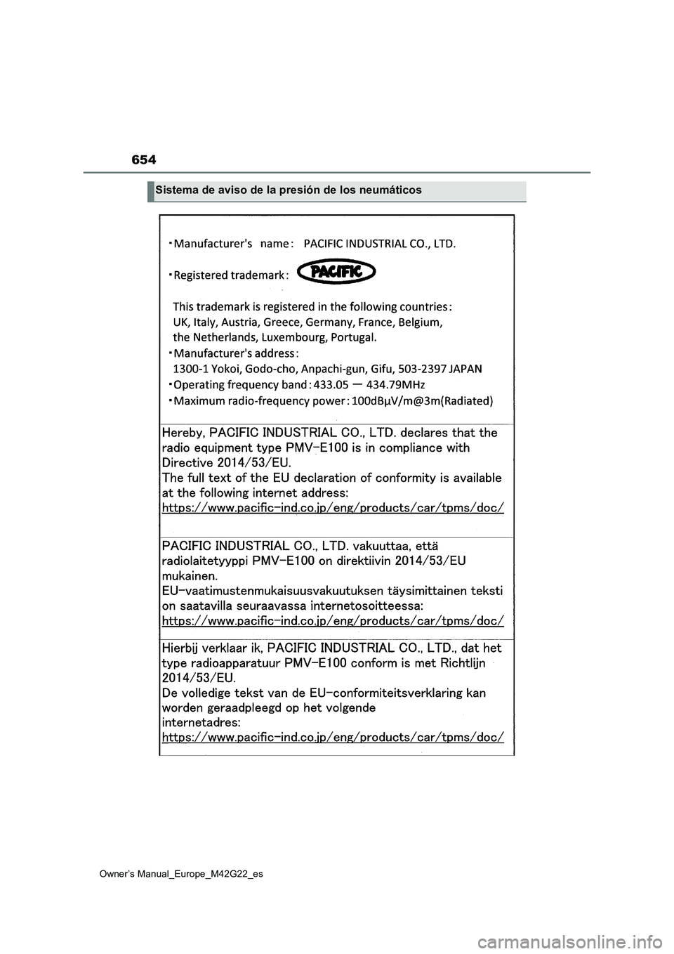 TOYOTA BZ4X 2023 Manual del propietario (in Spanish) 654
Owner’s Manual_Europe_M42G22_es
Sistema de aviso de la presión de los neumáticos TOYOTA BZ4X 2023 Manual del propietario (in Spanish) 654
Owner’s Manual_Europe_M42G22_es
Sistema de aviso de la presión de los neumáticos