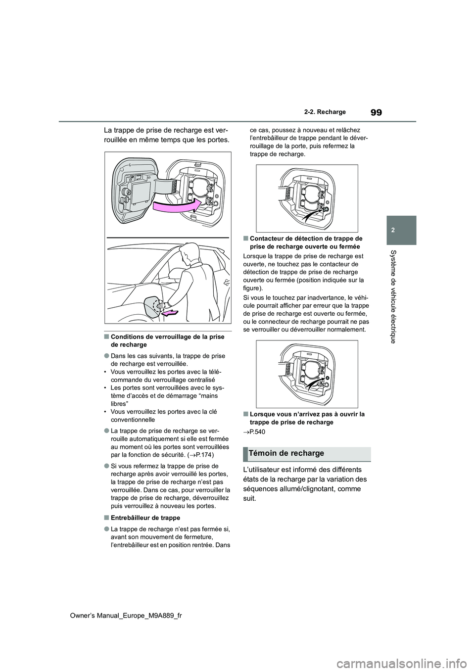 TOYOTA BZ4X 2023 Manuel du propriétaire (in French) 99
2
Owner’s Manual_Europe_M9A889_fr
2-2. Recharge
Système de véhicule électrique
La trappe de prise de recharge est ver-
rouillée en même temps que les portes.
■Conditions de verrouillage d TOYOTA BZ4X 2023 Manuel du propriétaire (in French) 99
2
Owner’s Manual_Europe_M9A889_fr
2-2. Recharge
Système de véhicule électrique
La trappe de prise de recharge est ver-
rouillée en même temps que les portes.
■Conditions de verrouillage d