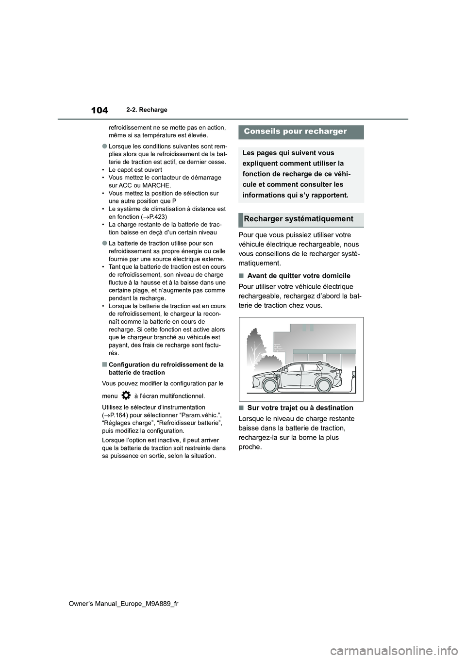 TOYOTA BZ4X 2023 Manuel du propriétaire (in French) 104
Owner’s Manual_Europe_M9A889_fr
2-2. Recharge
refroidissement ne se mette pas en action, même si sa température est élevée.
●Lorsque les conditions suivantes sont rem-plies alors que le TOYOTA BZ4X 2023 Manuel du propriétaire (in French) 104
Owner’s Manual_Europe_M9A889_fr
2-2. Recharge
refroidissement ne se mette pas en action, même si sa température est élevée.
●Lorsque les conditions suivantes sont rem-plies alors que le