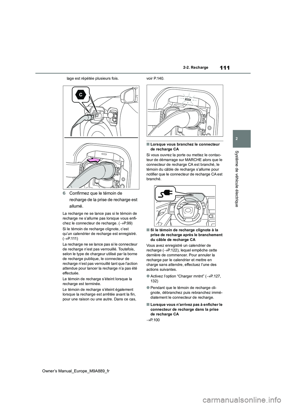TOYOTA BZ4X 2023  Manuel du propriétaire (in French) 111
2
Owner’s Manual_Europe_M9A889_fr
2-2. Recharge
Système de véhicule électrique
lage est répétée plusieurs fois.
6Confirmez que le témoin de  
recharge de la prise de recharge est  
allum