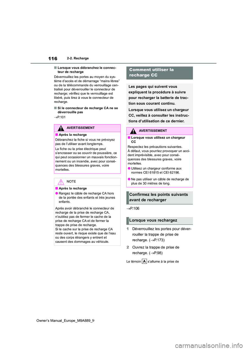 TOYOTA BZ4X 2023  Manuel du propriétaire (in French) 116
Owner’s Manual_Europe_M9A889_fr
2-2. Recharge
■Lorsque vous débranchez le connec- teur de recharge 
Déverrouillez les portes au moyen du sys- tème d’accès et de démarrage “mains libre