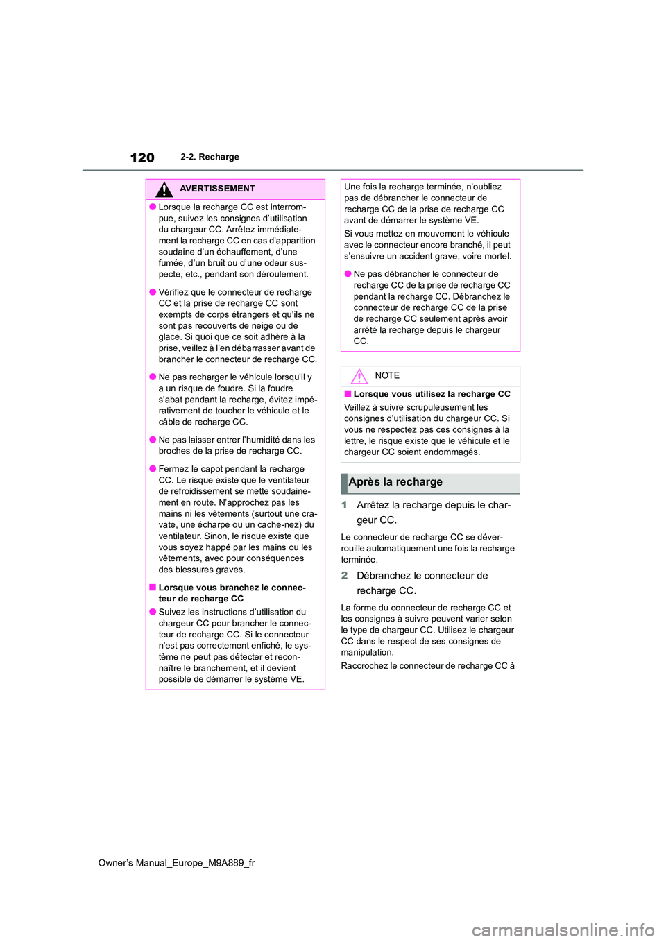 TOYOTA BZ4X 2023 Manuel du propriétaire (in French) 120
Owner’s Manual_Europe_M9A889_fr
2-2. Recharge
1Arrêtez la recharge depuis le char-
geur CC.
Le connecteur de recharge CC se déver- rouille automatiquement une fois la recharge
terminée.
2 TOYOTA BZ4X 2023 Manuel du propriétaire (in French) 120
Owner’s Manual_Europe_M9A889_fr
2-2. Recharge
1Arrêtez la recharge depuis le char-
geur CC.
Le connecteur de recharge CC se déver- rouille automatiquement une fois la recharge
terminée.
2