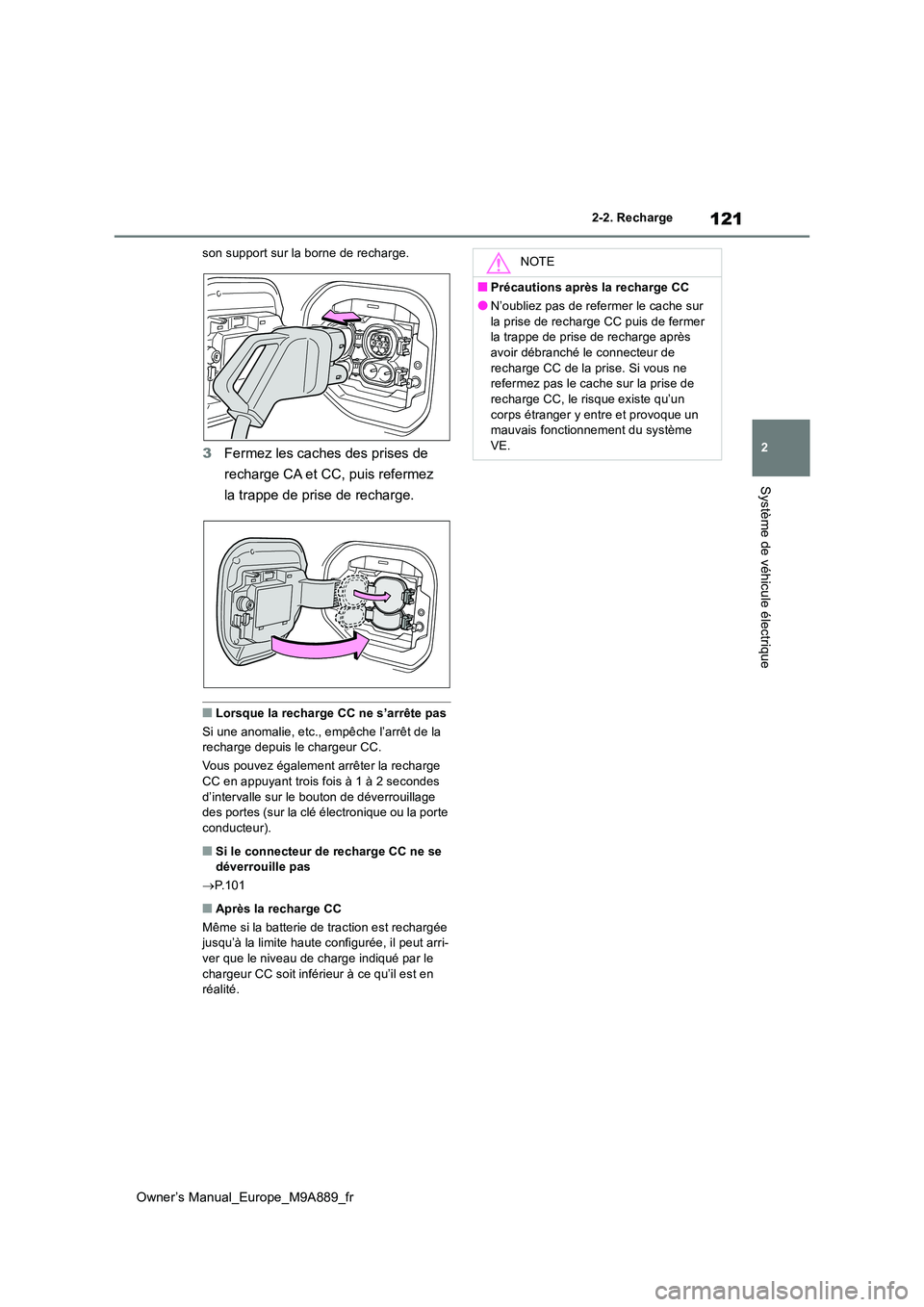 TOYOTA BZ4X 2023 Manuel du propriétaire (in French) 121
2
Owner’s Manual_Europe_M9A889_fr
2-2. Recharge
Système de véhicule électrique
son support sur la borne de recharge.
3Fermez les caches des prises de
recharge CA et CC, puis refermez
la t TOYOTA BZ4X 2023 Manuel du propriétaire (in French) 121
2
Owner’s Manual_Europe_M9A889_fr
2-2. Recharge
Système de véhicule électrique
son support sur la borne de recharge.
3Fermez les caches des prises de
recharge CA et CC, puis refermez
la t