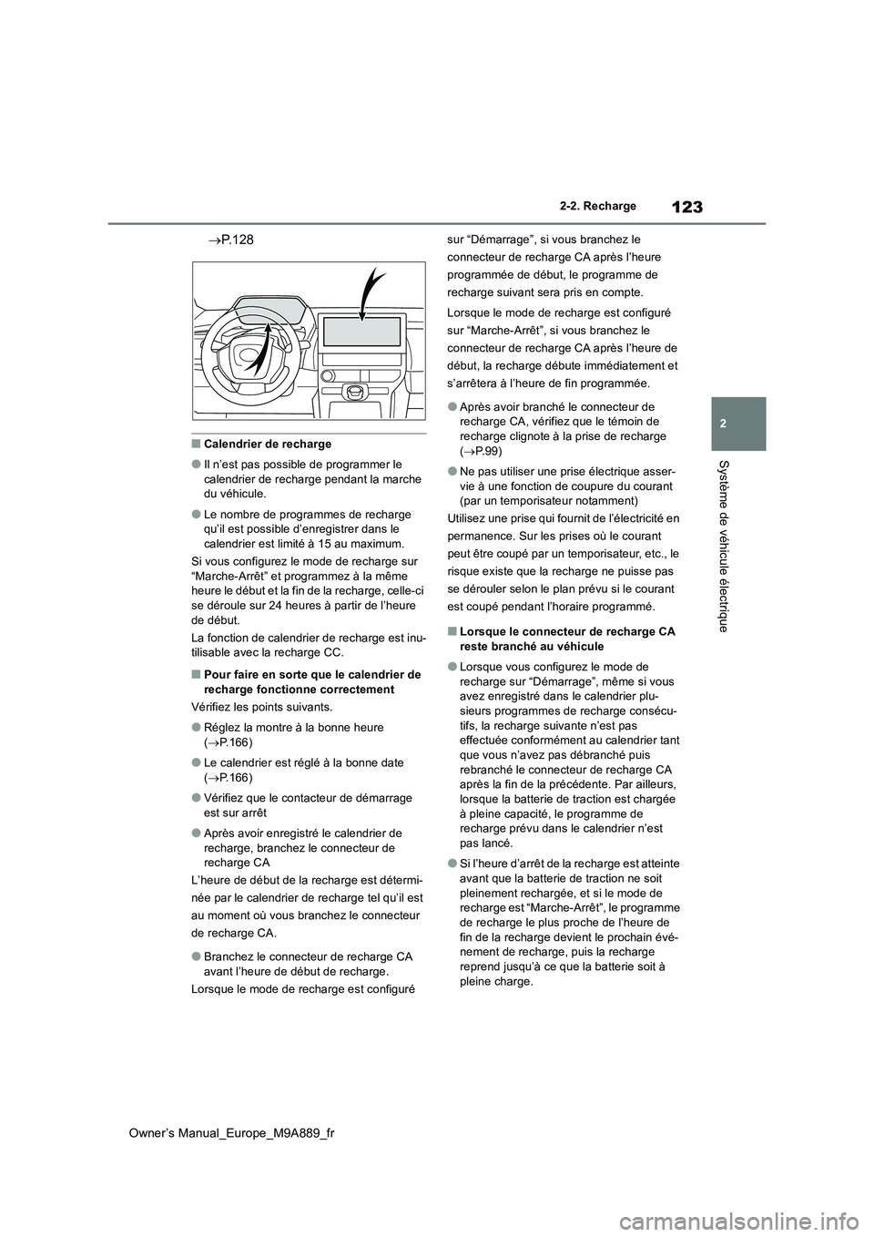 TOYOTA BZ4X 2023 Manuel du propriétaire (in French) 123
2
Owner’s Manual_Europe_M9A889_fr
2-2. Recharge
Système de véhicule électrique
P. 1 2 8
■Calendrier de recharge
●Il n’est pas possible de programmer le calendrier de recharge pendan TOYOTA BZ4X 2023 Manuel du propriétaire (in French) 123
2
Owner’s Manual_Europe_M9A889_fr
2-2. Recharge
Système de véhicule électrique
P. 1 2 8
■Calendrier de recharge
●Il n’est pas possible de programmer le calendrier de recharge pendan