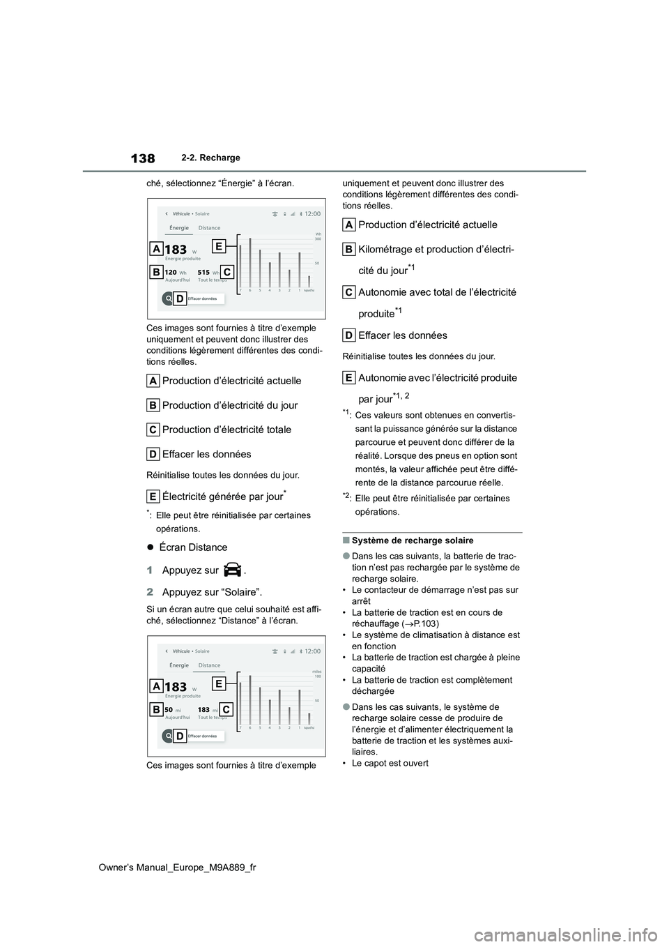 TOYOTA BZ4X 2023 Manuel du propriétaire (in French) 138
Owner’s Manual_Europe_M9A889_fr
2-2. Recharge
ché, sélectionnez “Énergie” à l’écran.
Ces images sont fournies à titre d’exemple
uniquement et peuvent donc illustrer des condit TOYOTA BZ4X 2023 Manuel du propriétaire (in French) 138
Owner’s Manual_Europe_M9A889_fr
2-2. Recharge
ché, sélectionnez “Énergie” à l’écran.
Ces images sont fournies à titre d’exemple
uniquement et peuvent donc illustrer des condit