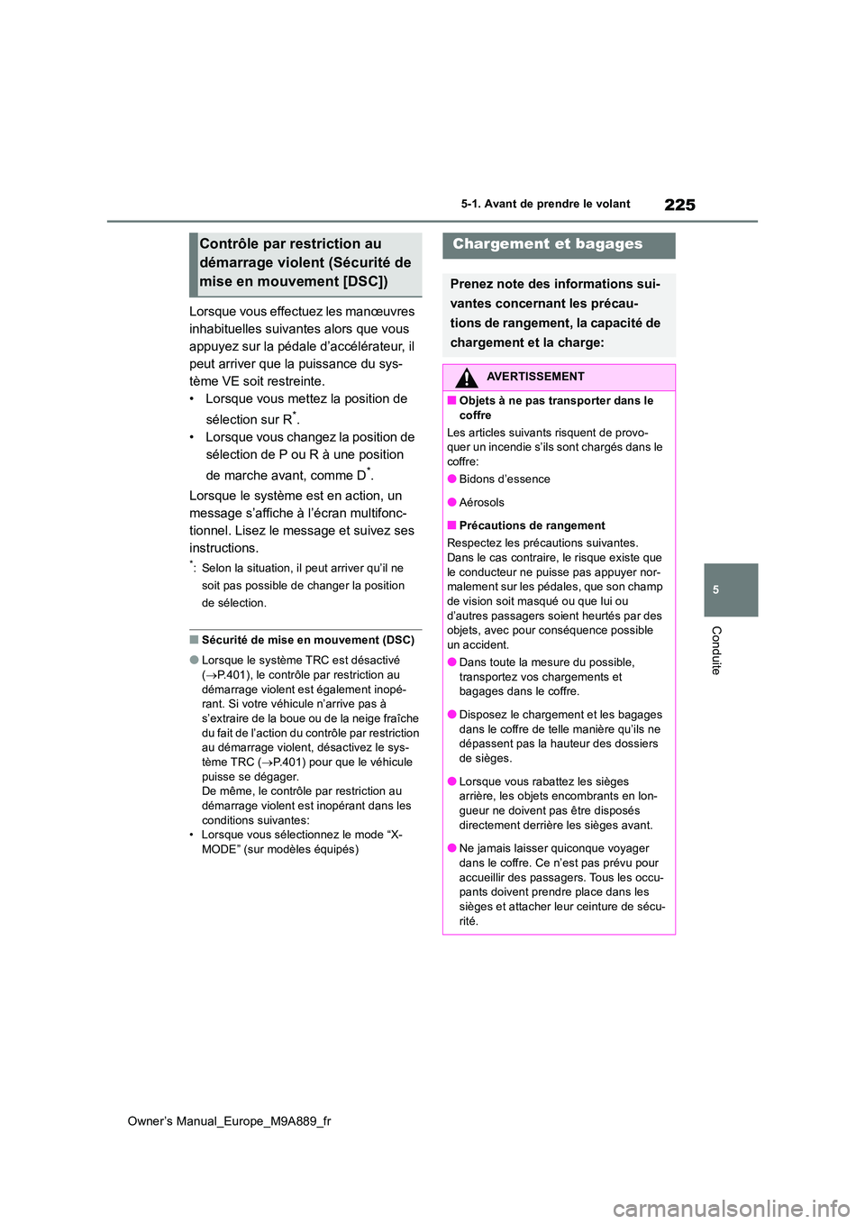 TOYOTA BZ4X 2023 Manuel du propriétaire (in French) 225
5
Owner’s Manual_Europe_M9A889_fr
5-1. Avant de prendre le volant
Conduite
Lorsque vous effectuez les manœuvres
inhabituelles suivantes alors que vous
appuyez sur la pédale d’accélérate TOYOTA BZ4X 2023 Manuel du propriétaire (in French) 225
5
Owner’s Manual_Europe_M9A889_fr
5-1. Avant de prendre le volant
Conduite
Lorsque vous effectuez les manœuvres
inhabituelles suivantes alors que vous
appuyez sur la pédale d’accélérate