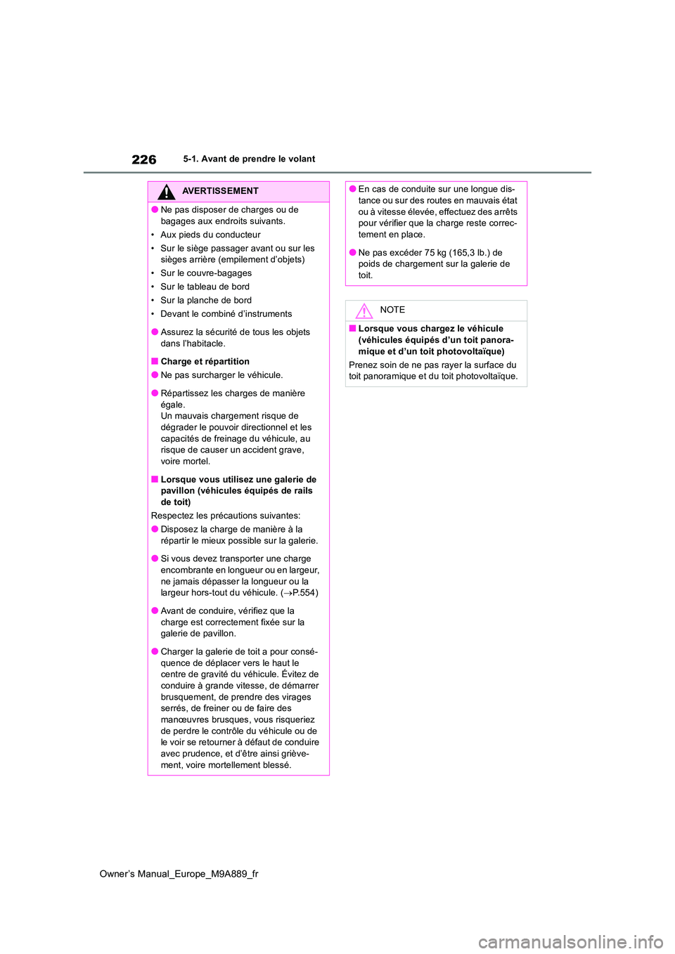 TOYOTA BZ4X 2023 Manuel du propriétaire (in French) 226
Owner’s Manual_Europe_M9A889_fr
5-1. Avant de prendre le volant
AVERTISSEMENT
●Ne pas disposer de charges ou de
bagages aux endroits suivants.
• Aux pieds du conducteur
• Sur le siège TOYOTA BZ4X 2023 Manuel du propriétaire (in French) 226
Owner’s Manual_Europe_M9A889_fr
5-1. Avant de prendre le volant
AVERTISSEMENT
●Ne pas disposer de charges ou de
bagages aux endroits suivants.
• Aux pieds du conducteur
• Sur le siège