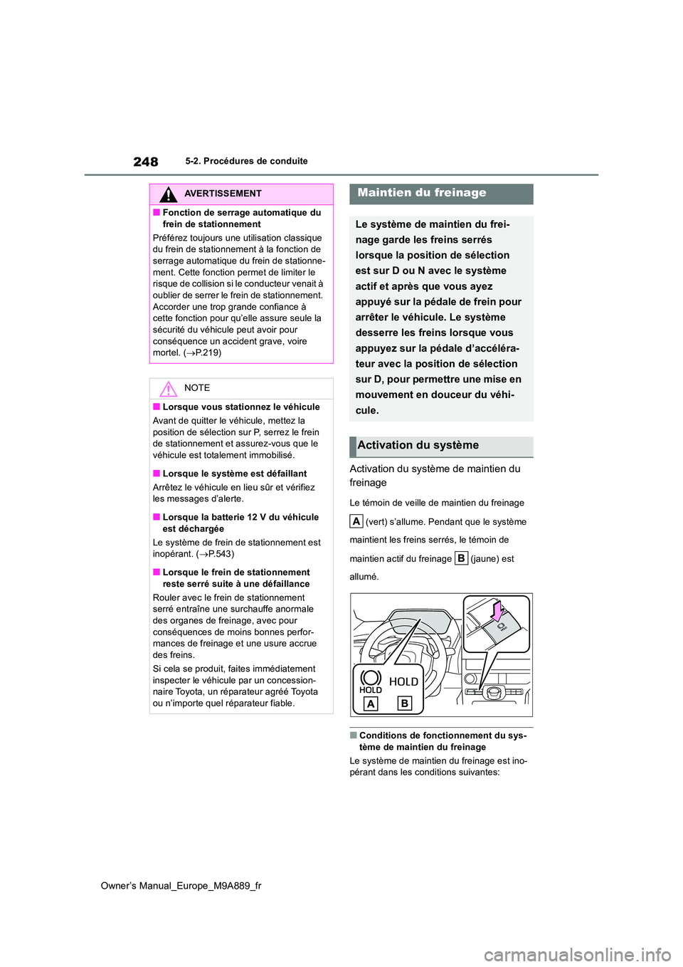 TOYOTA BZ4X 2023 Manuel du propriétaire (in French) 248
Owner’s Manual_Europe_M9A889_fr
5-2. Procédures de conduite
Activation du système de maintien du
freinage
Le témoin de veille de maintien du freinage
(vert) s’allume. Pendant que le sy TOYOTA BZ4X 2023 Manuel du propriétaire (in French) 248
Owner’s Manual_Europe_M9A889_fr
5-2. Procédures de conduite
Activation du système de maintien du
freinage
Le témoin de veille de maintien du freinage
(vert) s’allume. Pendant que le sy